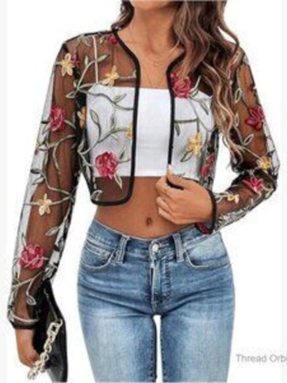 Floral Embroidered Mesh Crop Cardigan Open Front Long Sleeve Summer Top